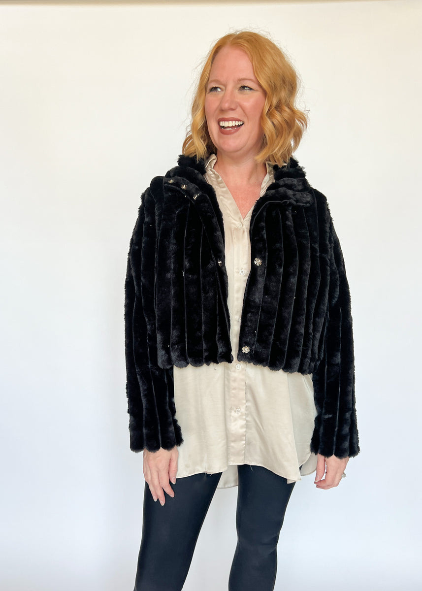 Faux Leather Shacket with Faux Fur Trim - Crescent