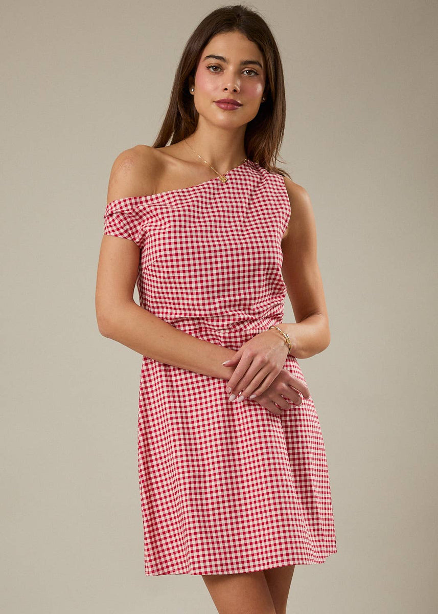 The Perfect Pick Asymmetrical Neck Red Gingham Mini Dress