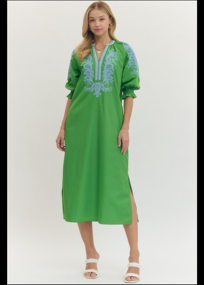 green embroidered dress Rise to the Top Midi – Red's Boutique Online Performance | Open Back and screen resolutions Size:US 26W / UK 30 / EU 56 floor