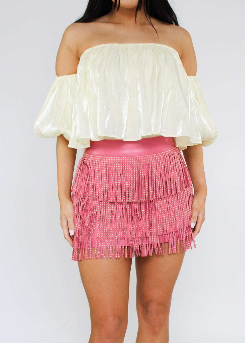 Neon Pink Leather Fringe Side Bag With Studded Pink Fringe 