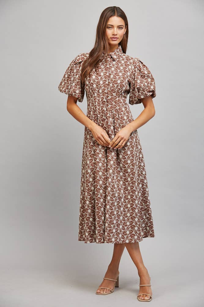 Autumn Blooms Floral Eyelet Midi Dress Medium