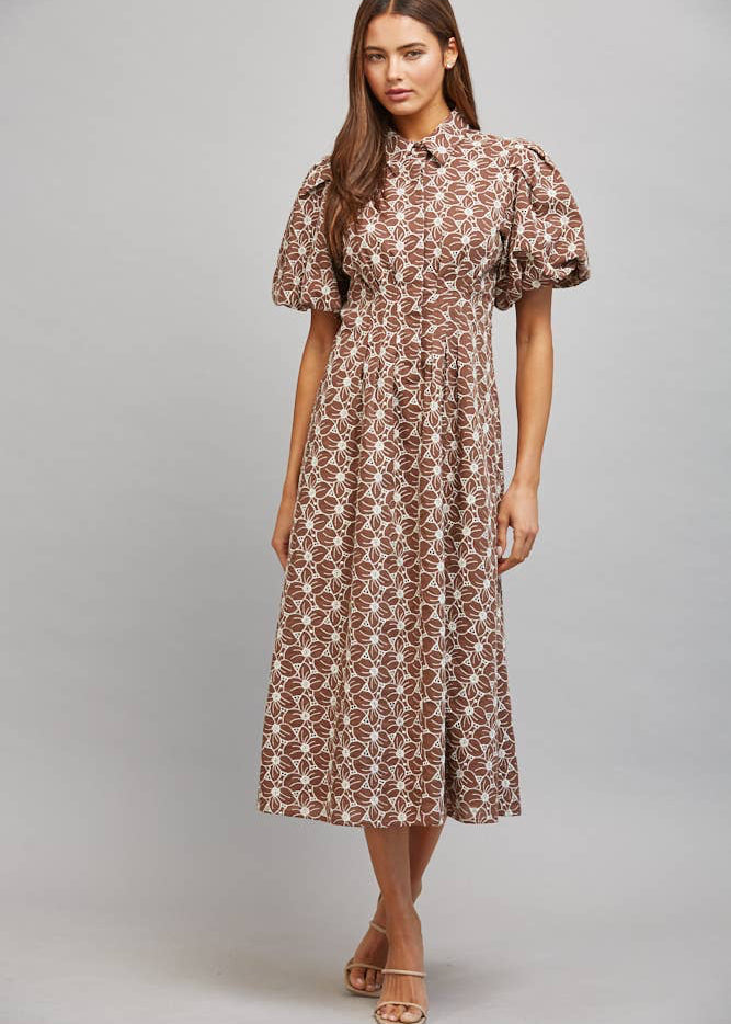 Autumn Blooms Floral Eyelet Midi Dress Medium