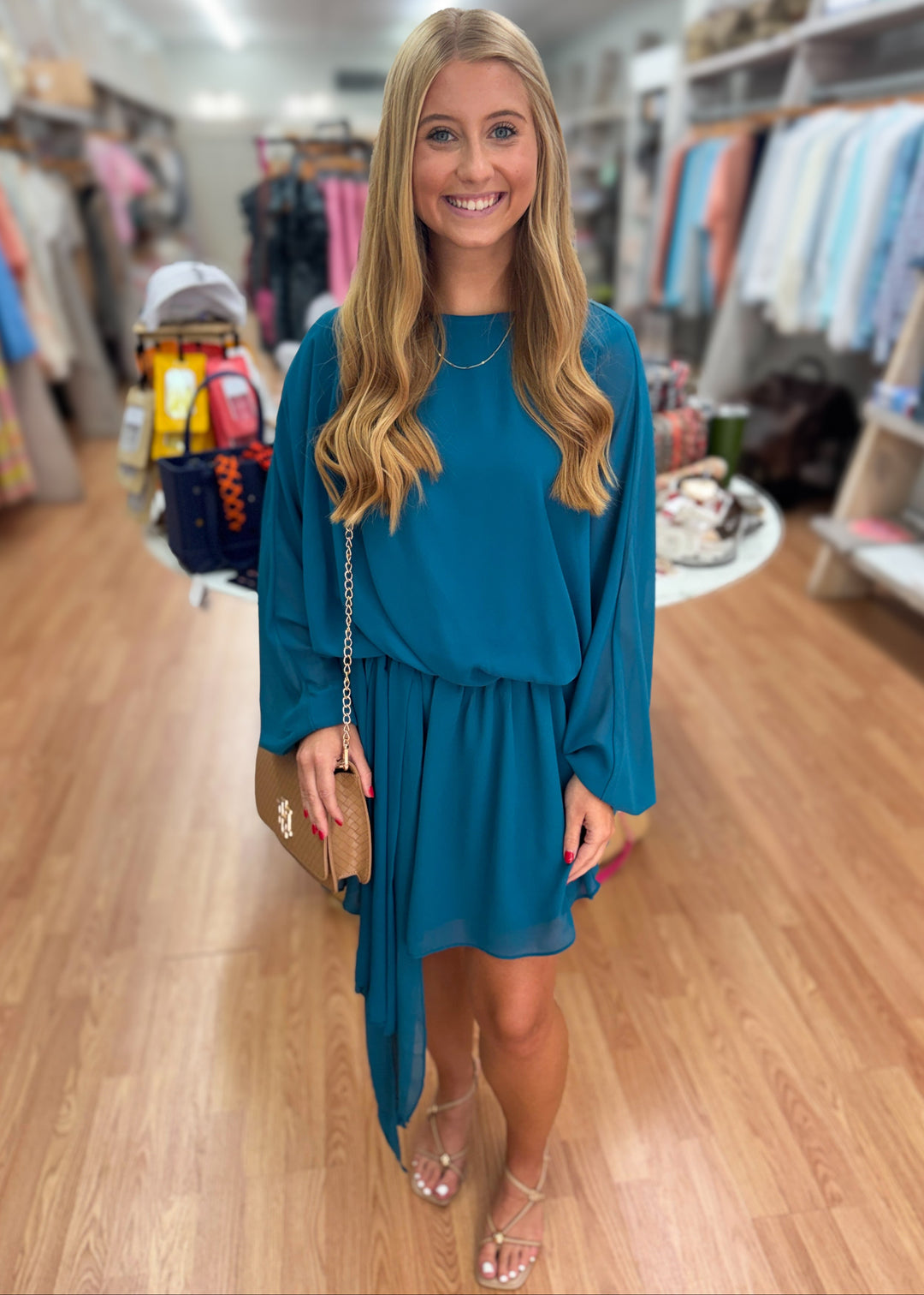 teal blue dress Time Will Tell Draped Asymmetric Chiffon Mini – Red's Boutique Online Cami Cowl Front Satin Color:Rose/Gold With a bead and distressed leather
