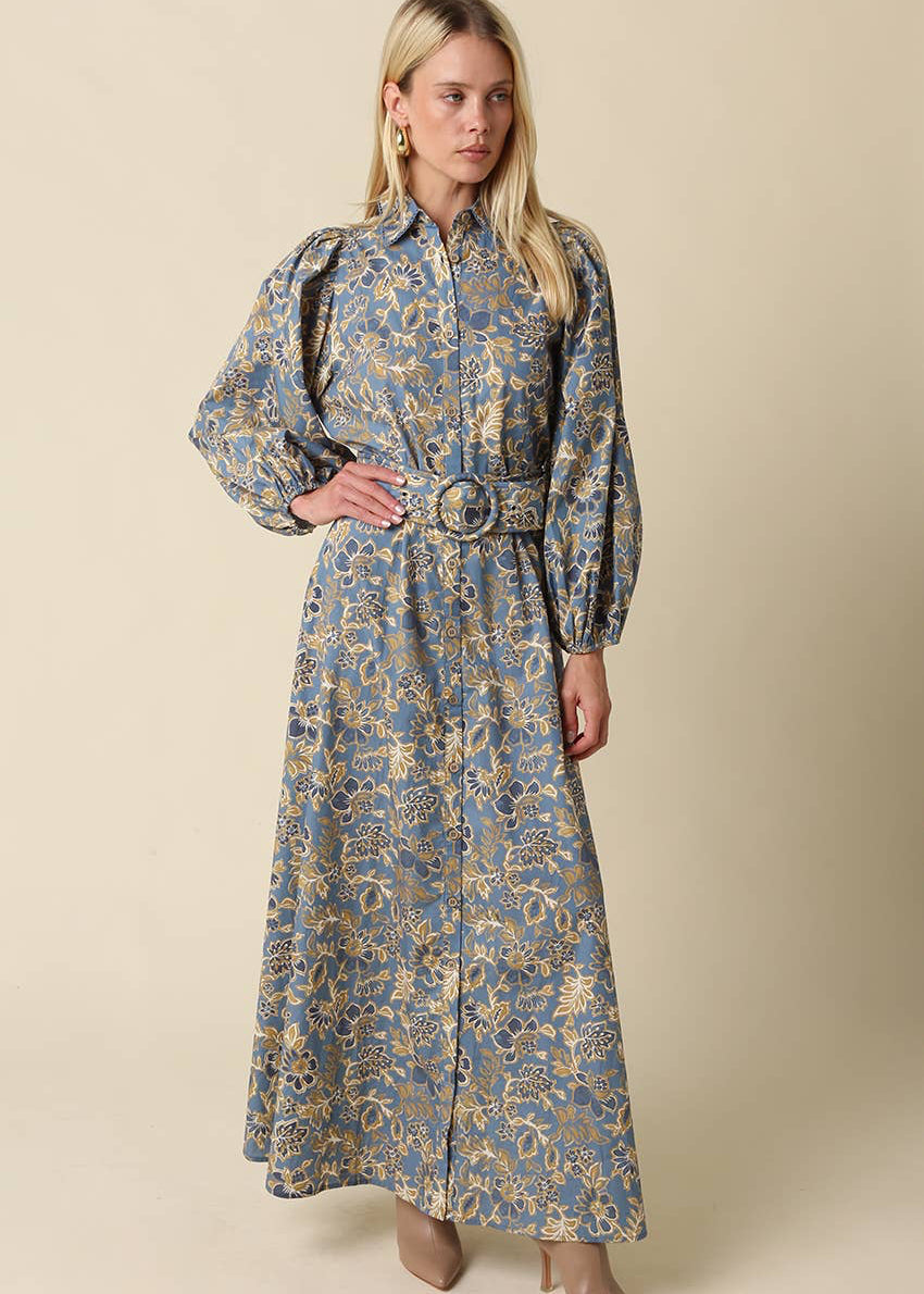 Jasmin Floral Belted Blue Grey and Gold Maxi Dress