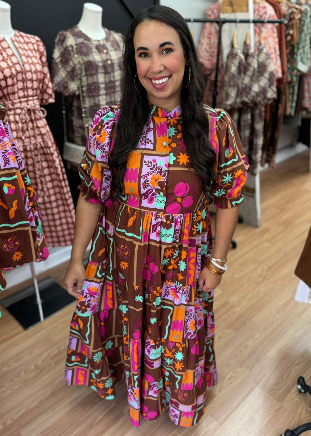 frame maxi dress Kiki Tiered Brown Floral Frame Maxi Dress Small