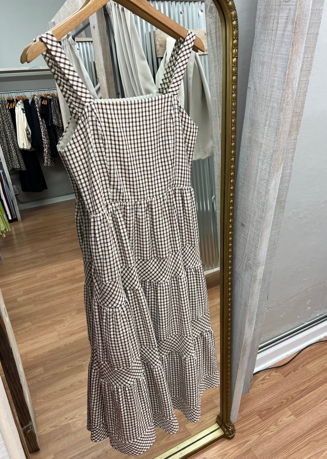 Surprise Me Brown Gingham Tiered Dress  Red's Boutique Online