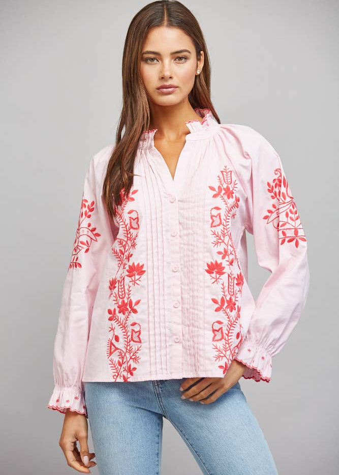 Take Me There Embroidered and Pintuck Detail Pink Long Sleeve Top