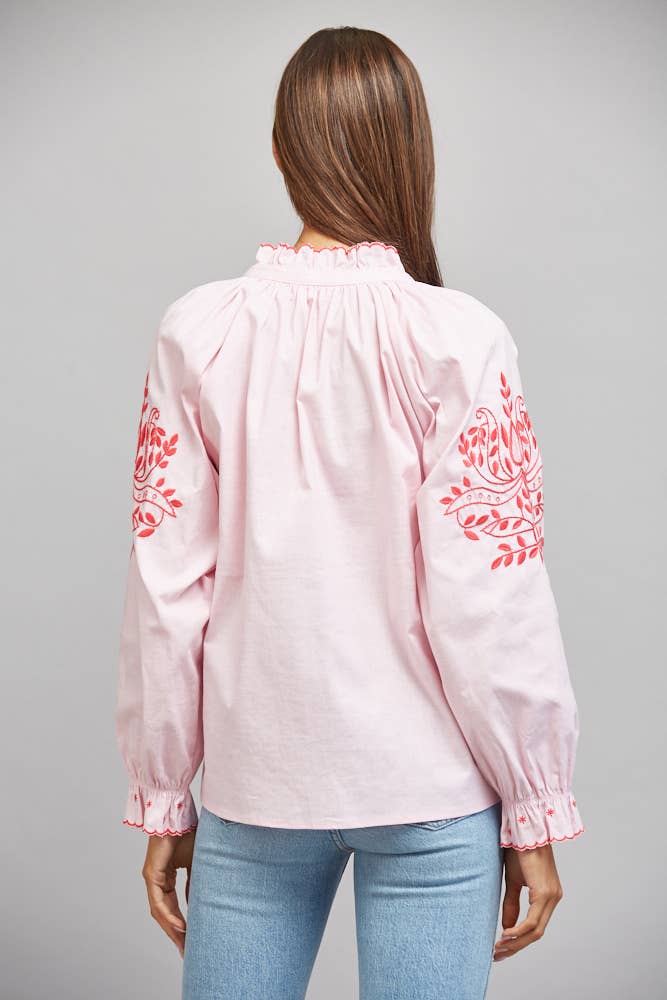 Take Me There Embroidered and Pintuck Detail Pink Long Sleeve Top