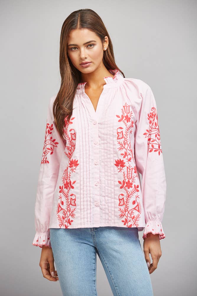 Take Me There Embroidered and Pintuck Detail Pink Long Sleeve Top