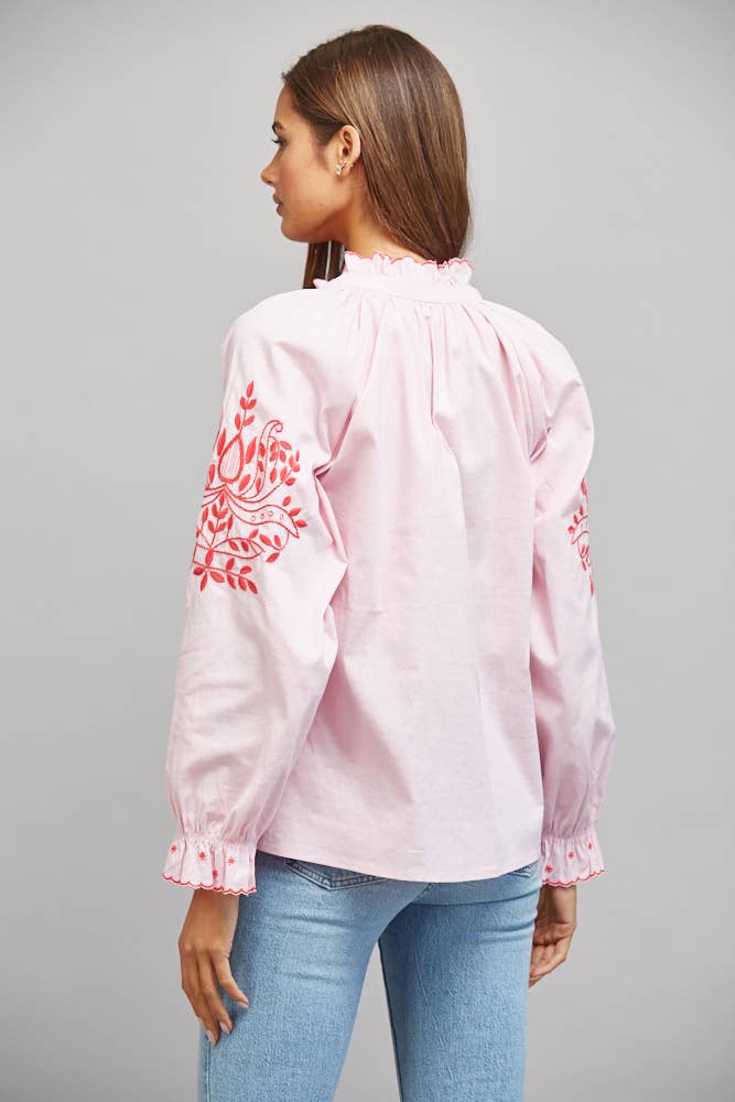 Take Me There Embroidered and Pintuck Detail Pink Long Sleeve Top