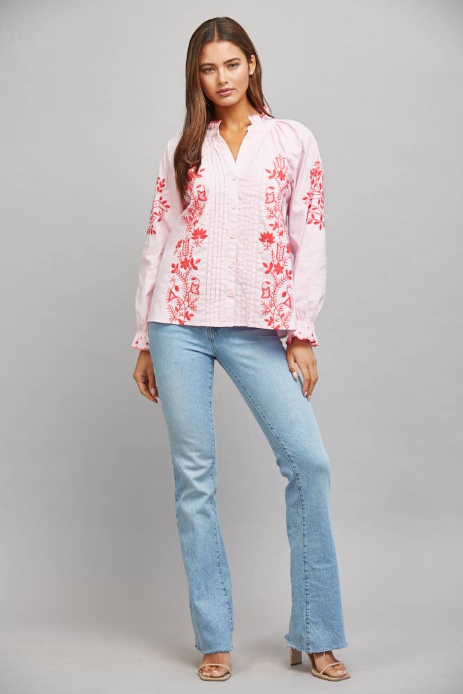 Take Me There Embroidered and Pintuck Detail Pink Long Sleeve Top