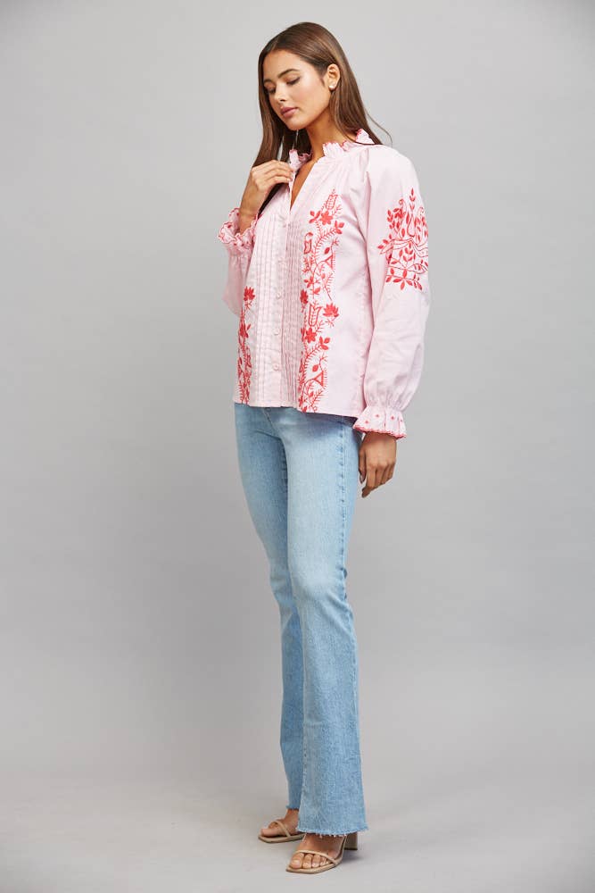 Take Me There Embroidered and Pintuck Detail Pink Long Sleeve Top