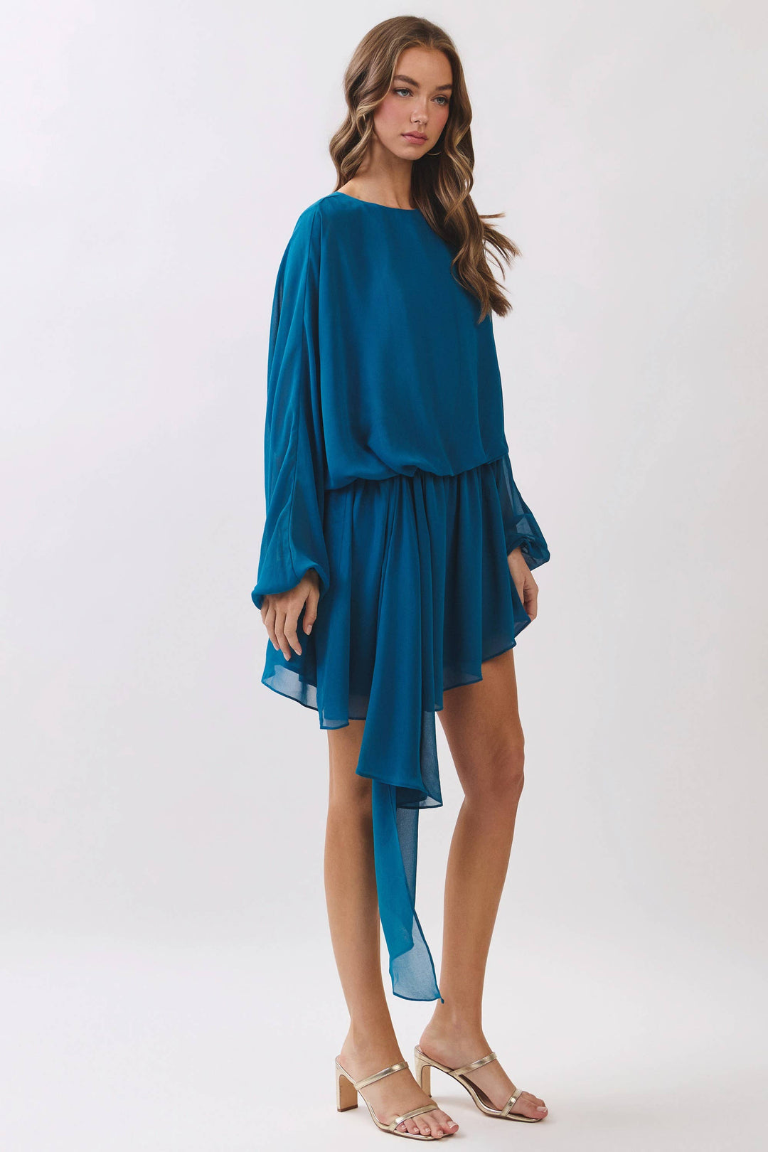 Time Will Tell Teal Draped Asymmetric Chiffon Mini Dress Small