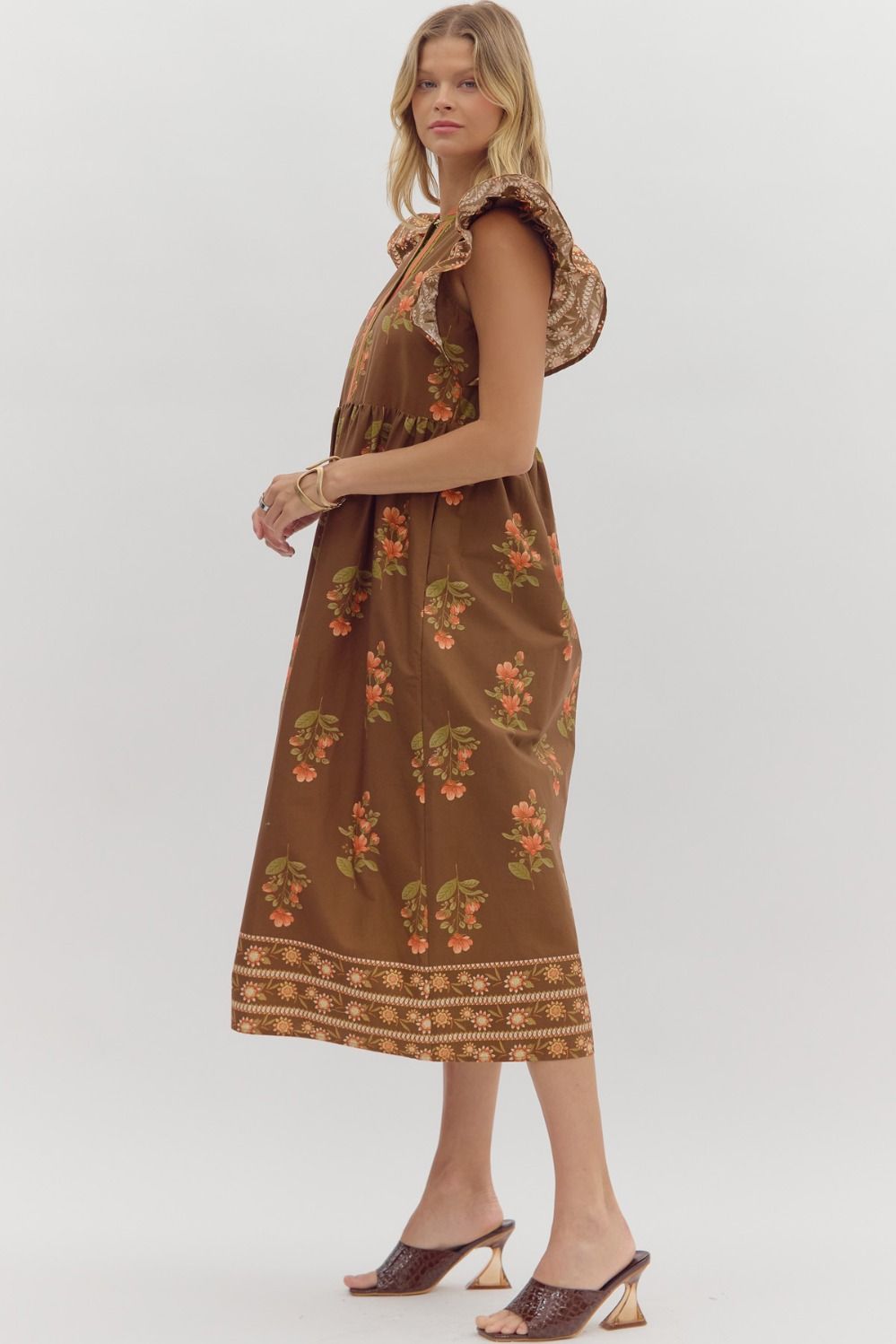 Afternoon Blooms Midi Floral Dress - Brown Medium Afternoon Blooms Midi Floral Dress - Brown Medium