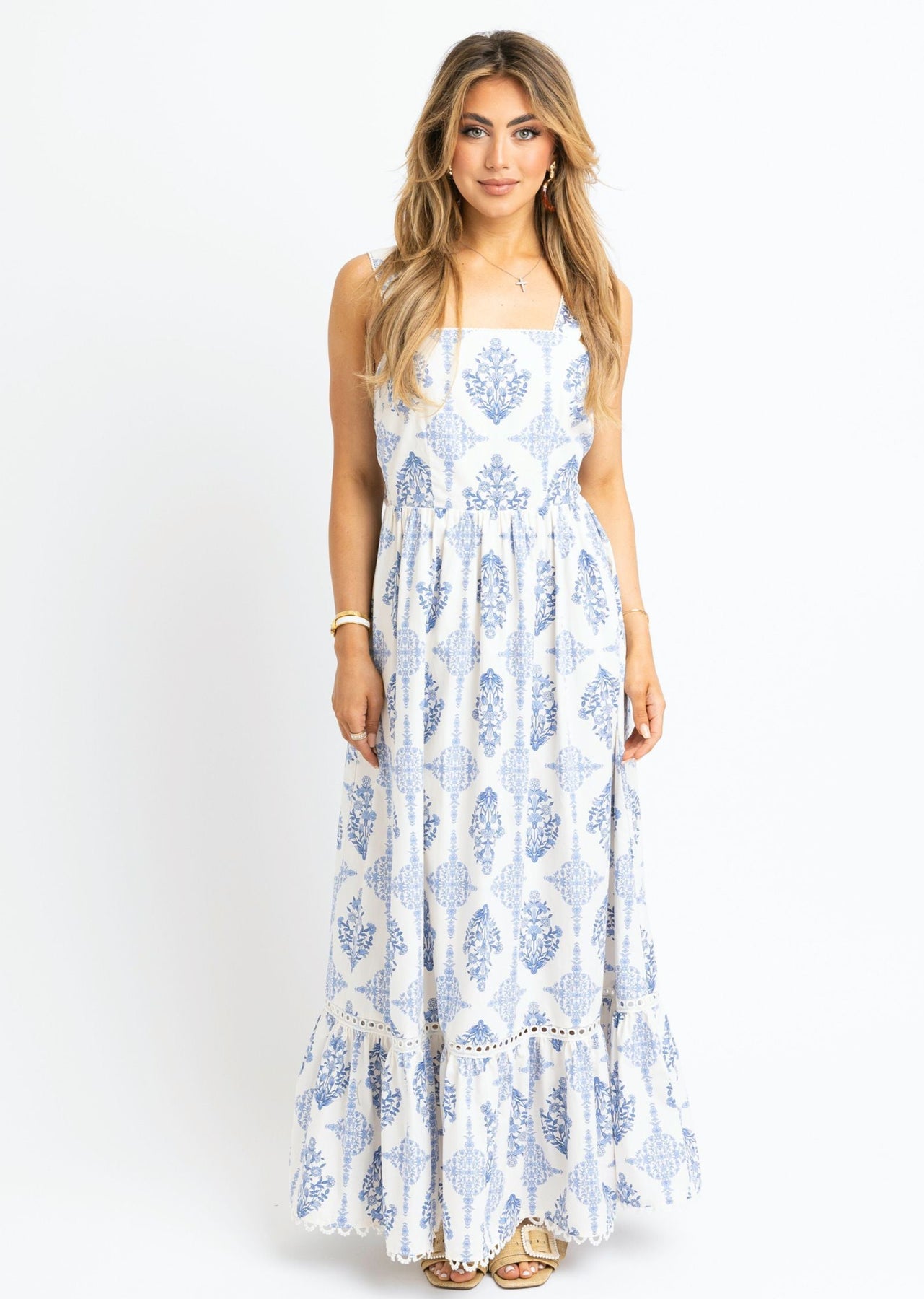 French Vintage Floral Tie Back Maxi Dress - Blue Small French Vintage Floral Tie Back Maxi Dress - Blue Small