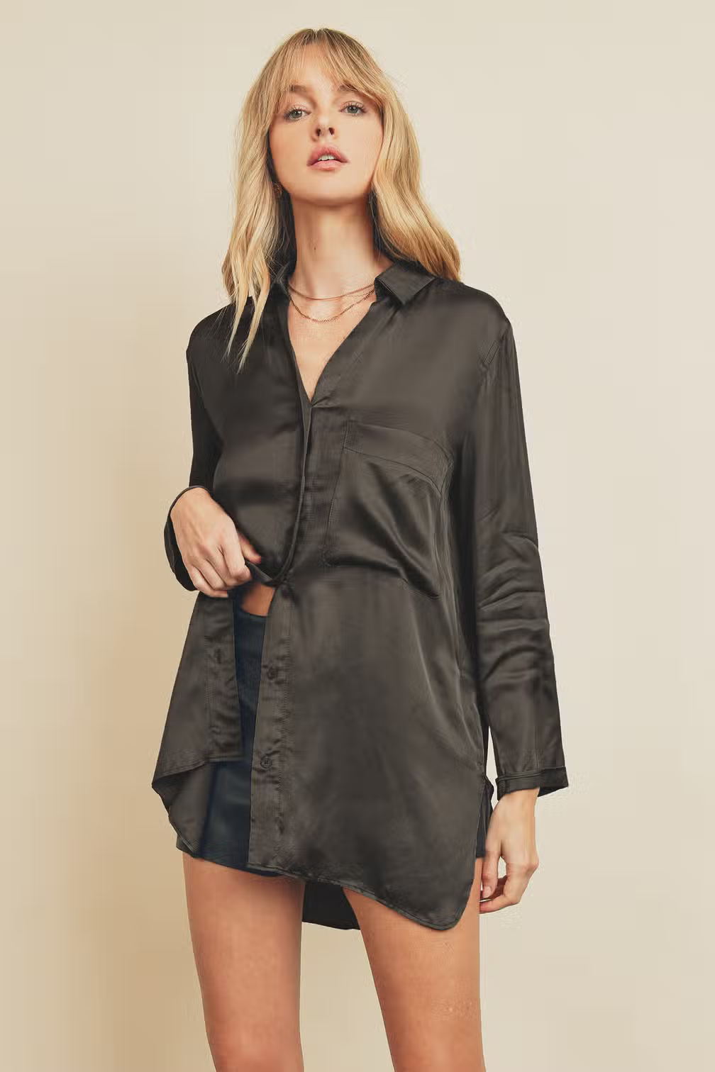 open lace back dress Epitome of Modern Satin Black Shirt Dress main image 1