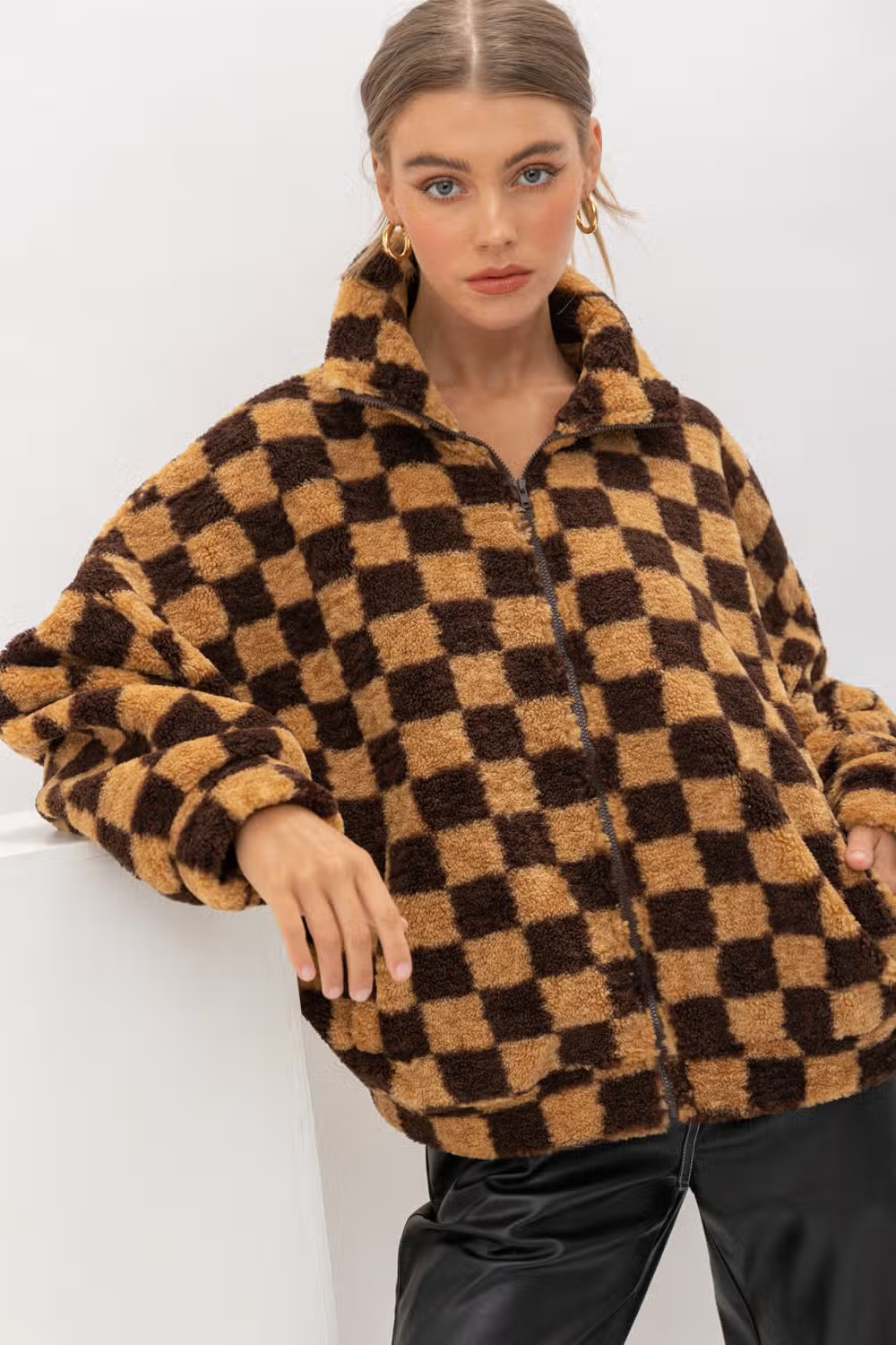 Fluffy checkered jacket discount