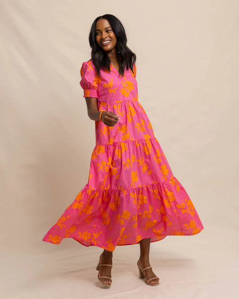 Southern Tide Nadine Tiered Cotton Lawn Maxi Dress Camelia Rose Pink XS