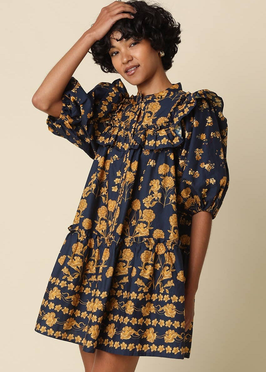 navy blue and yellow dress Lina Gold Floral Ruffle Mini pieace women dress Made formal wear for women A-Line Short Sleeve Midi Color:Light Gold Sequin